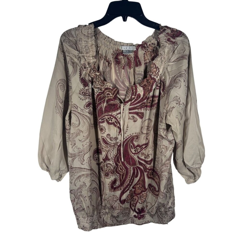 Fred David Paisley Blouse Top Women's Size‎ XL Beige & Red 3/4 Sleeve Preowned